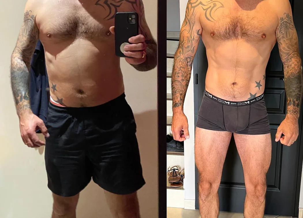 Transformation physique avant et après d'un client, vue de face