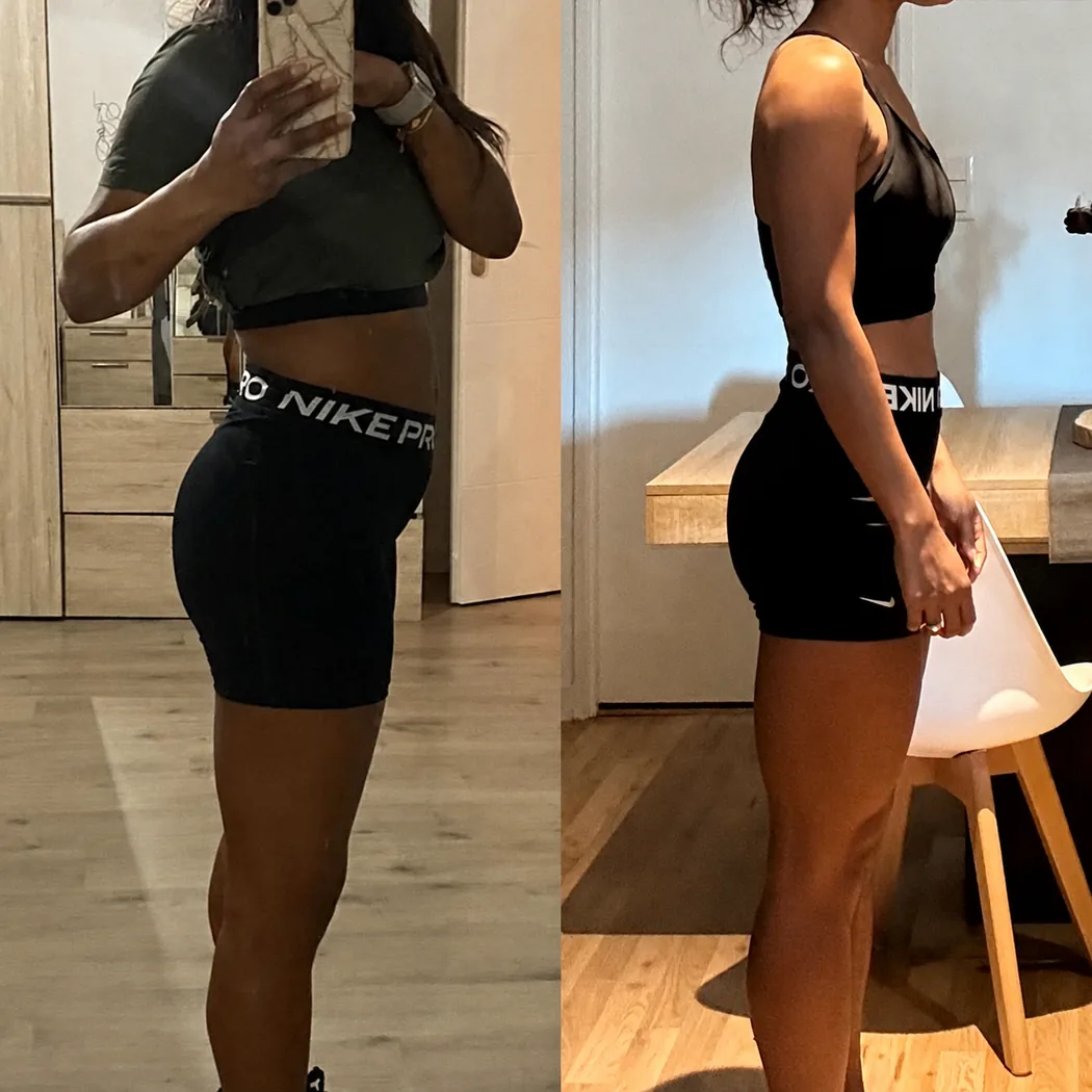 Transformation physique avant et après d'une cliente, vue de profil