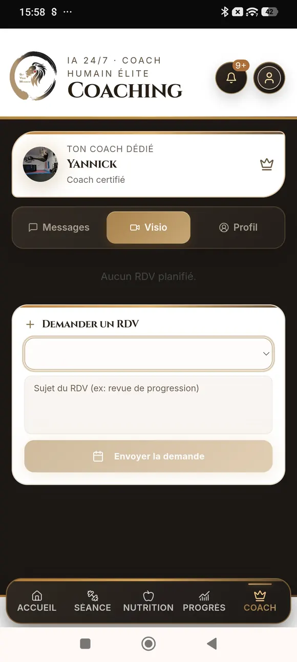 Espace de suivi avec le coach dans l'application