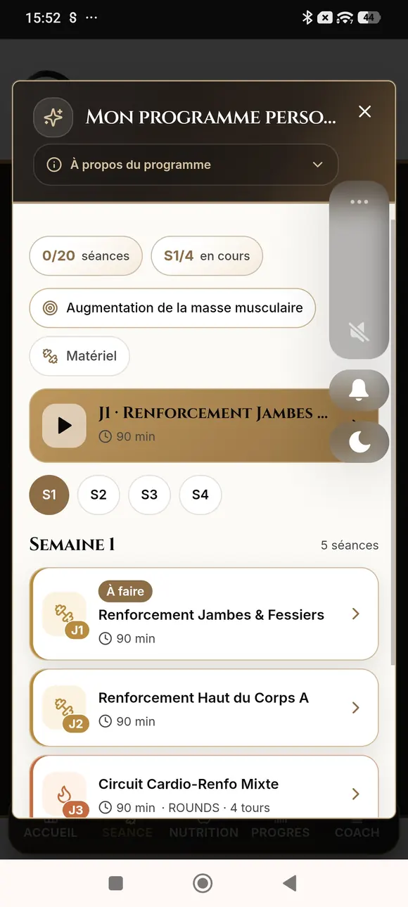 Programme personnalisé dans l'application